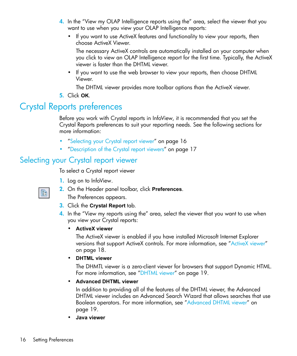 Crystal reports preferences, Selecting your crystal report viewer | HP Storage Essentials Enterprise Edition Software User Manual | Page 18 / 96