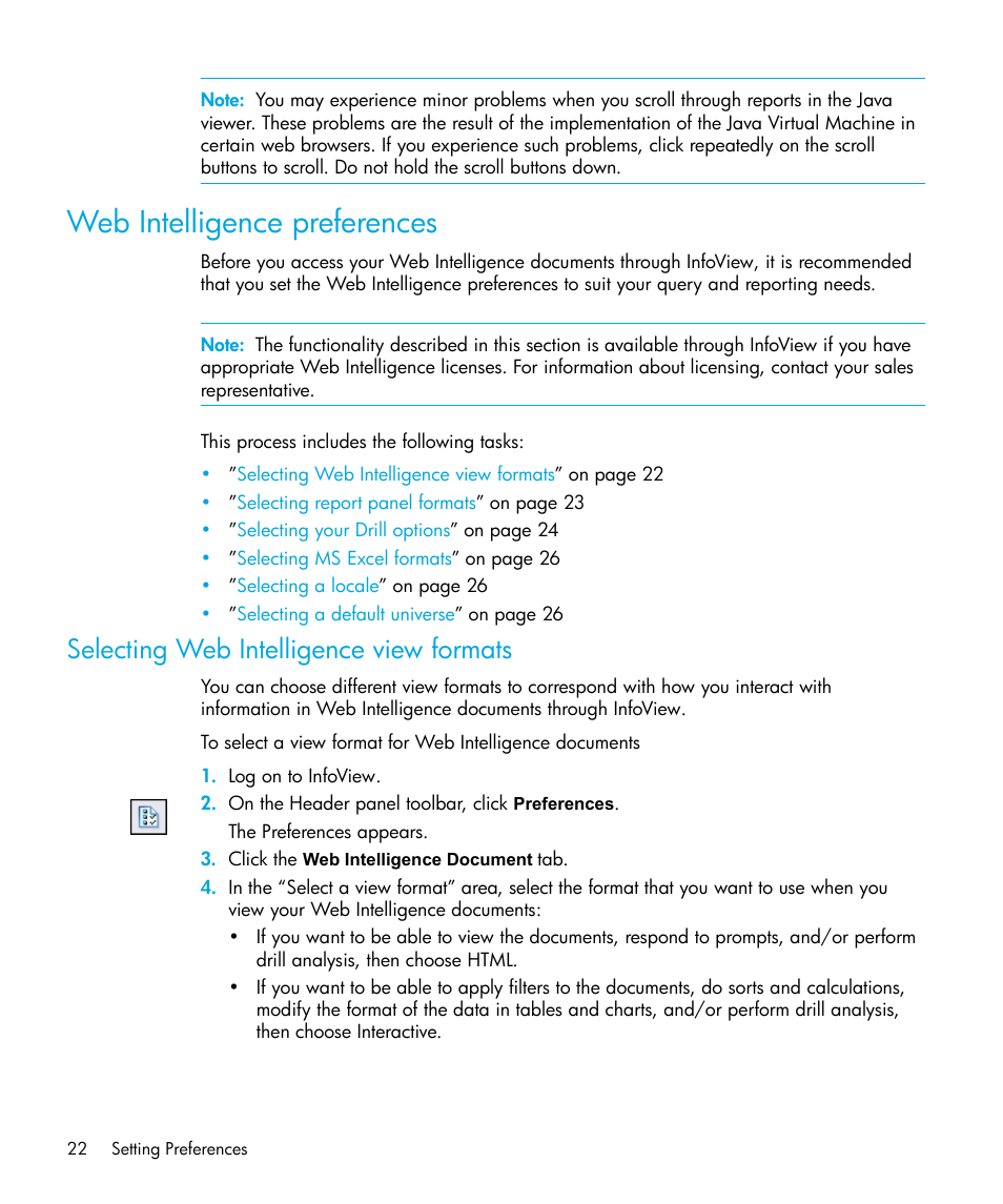 Web intelligence preferences, Selecting web intelligence view formats | HP Storage Essentials Enterprise Edition Software User Manual | Page 24 / 96