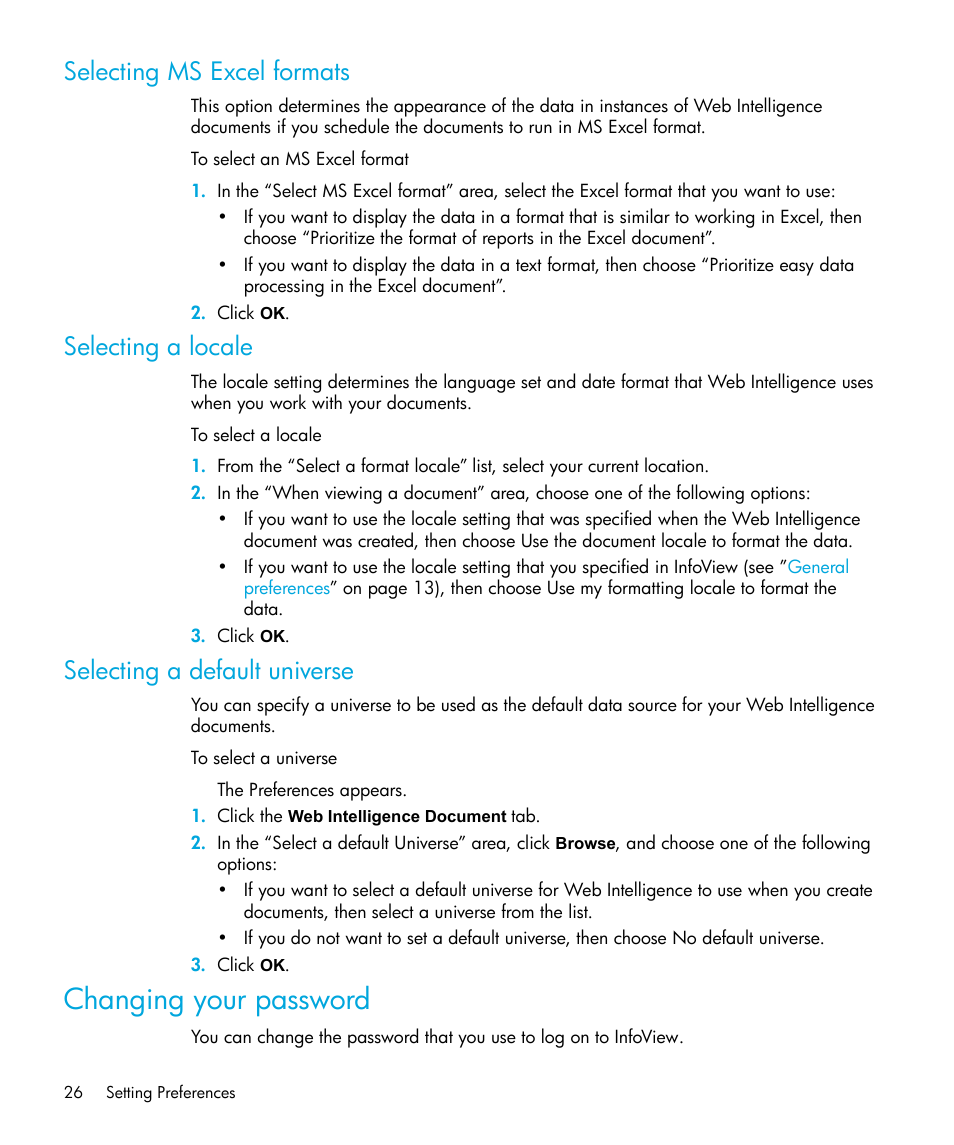 Selecting ms excel formats, Selecting a locale, Selecting a default universe | Changing your password | HP Storage Essentials Enterprise Edition Software User Manual | Page 28 / 96