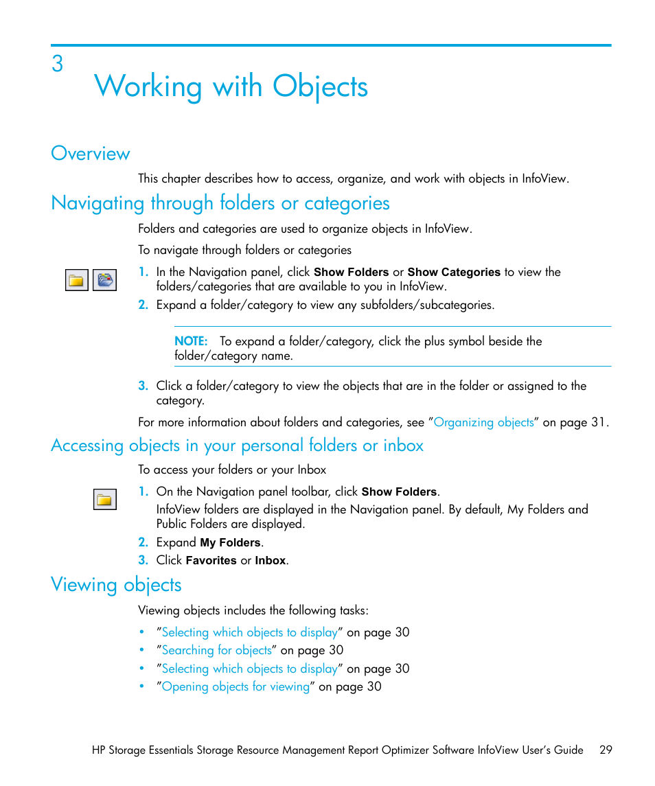 Working with objects, Overview, Navigating through folders or categories | Viewing objects, 3 working with objects | HP Storage Essentials Enterprise Edition Software User Manual | Page 31 / 96