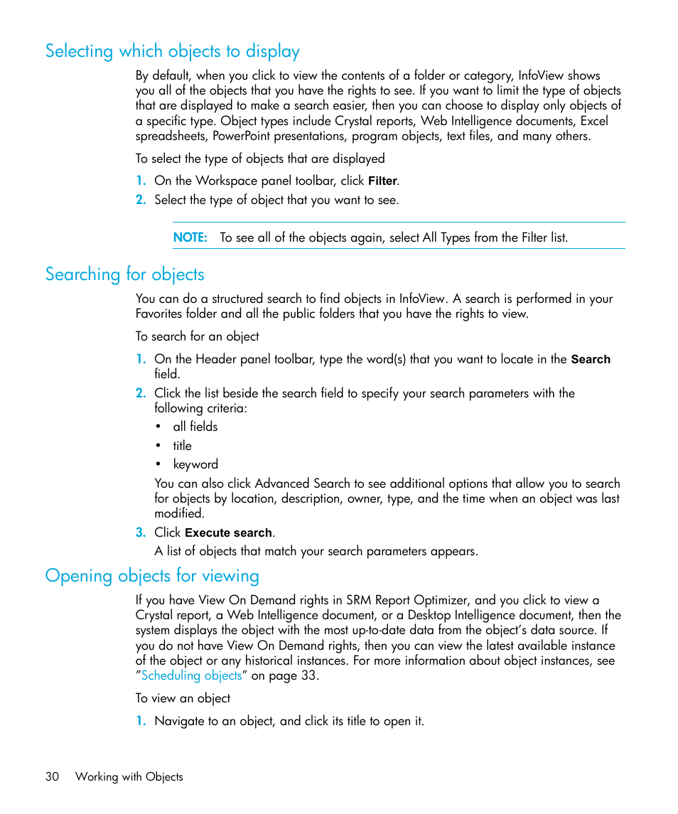 Selecting which objects to display, Searching for objects, Opening objects for viewing | HP Storage Essentials Enterprise Edition Software User Manual | Page 32 / 96