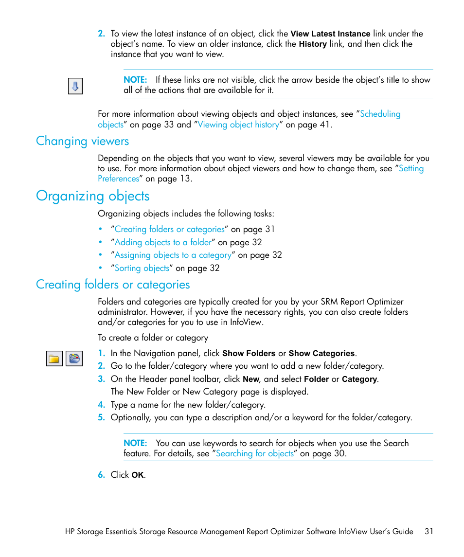 Changing viewers, Organizing objects, Creating folders or categories | HP Storage Essentials Enterprise Edition Software User Manual | Page 33 / 96