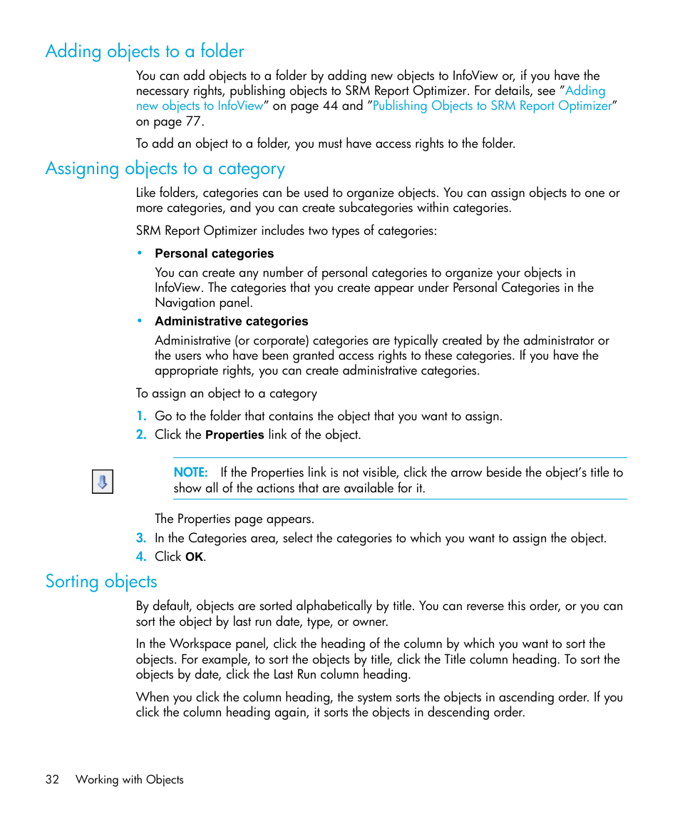 Adding objects to a folder, Assigning objects to a category, Sorting objects | HP Storage Essentials Enterprise Edition Software User Manual | Page 34 / 96