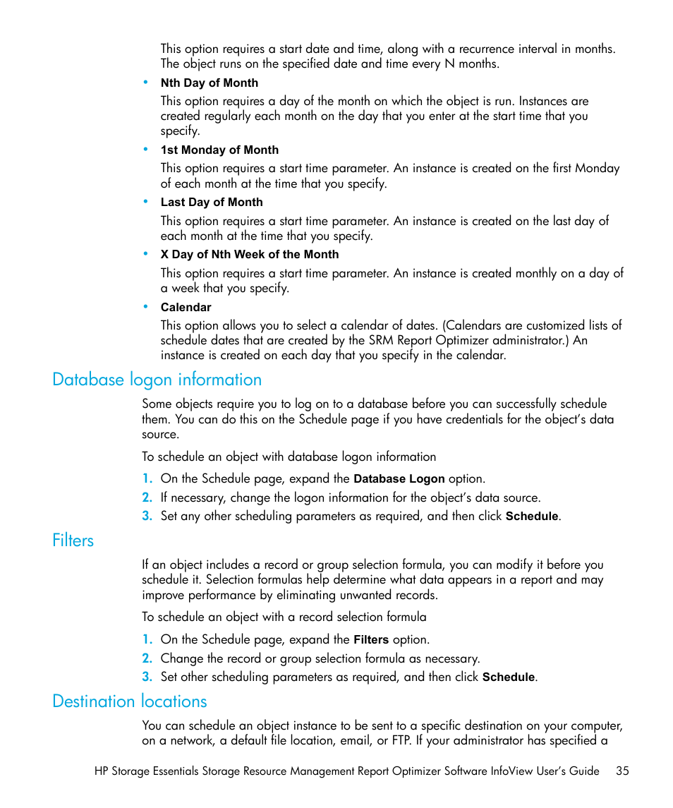 Database logon information, Filters, Destination locations | HP Storage Essentials Enterprise Edition Software User Manual | Page 37 / 96