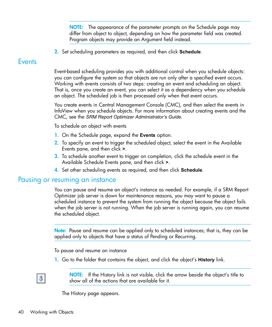 Events, Pausing or resuming an instance | HP Storage Essentials Enterprise Edition Software User Manual | Page 42 / 96