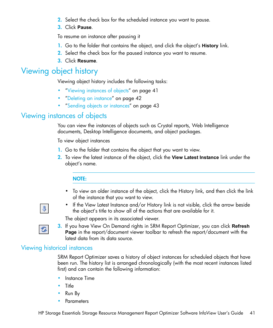 Viewing object history, Viewing instances of objects, Viewing historical instances | HP Storage Essentials Enterprise Edition Software User Manual | Page 43 / 96