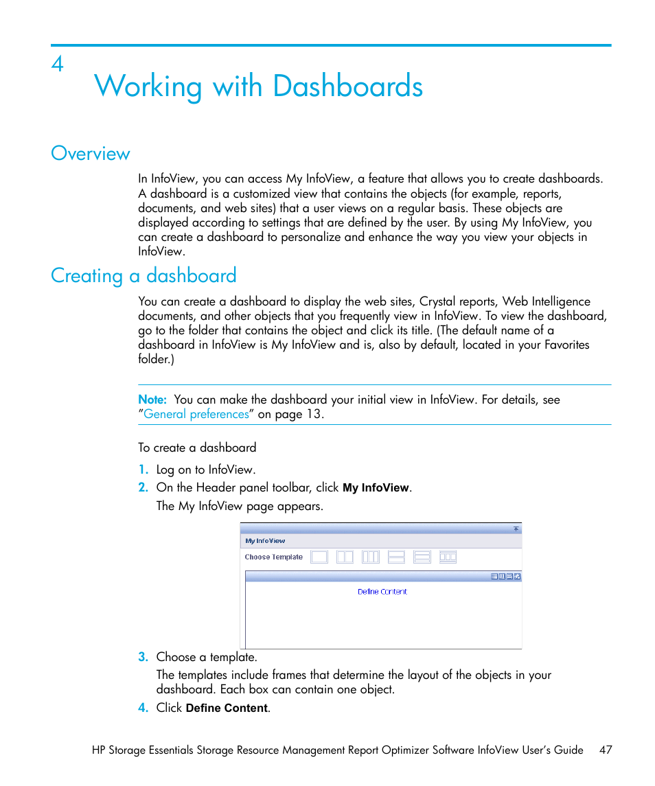 Working with dashboards, Overview, Creating a dashboard | 4 working with dashboards | HP Storage Essentials Enterprise Edition Software User Manual | Page 49 / 96