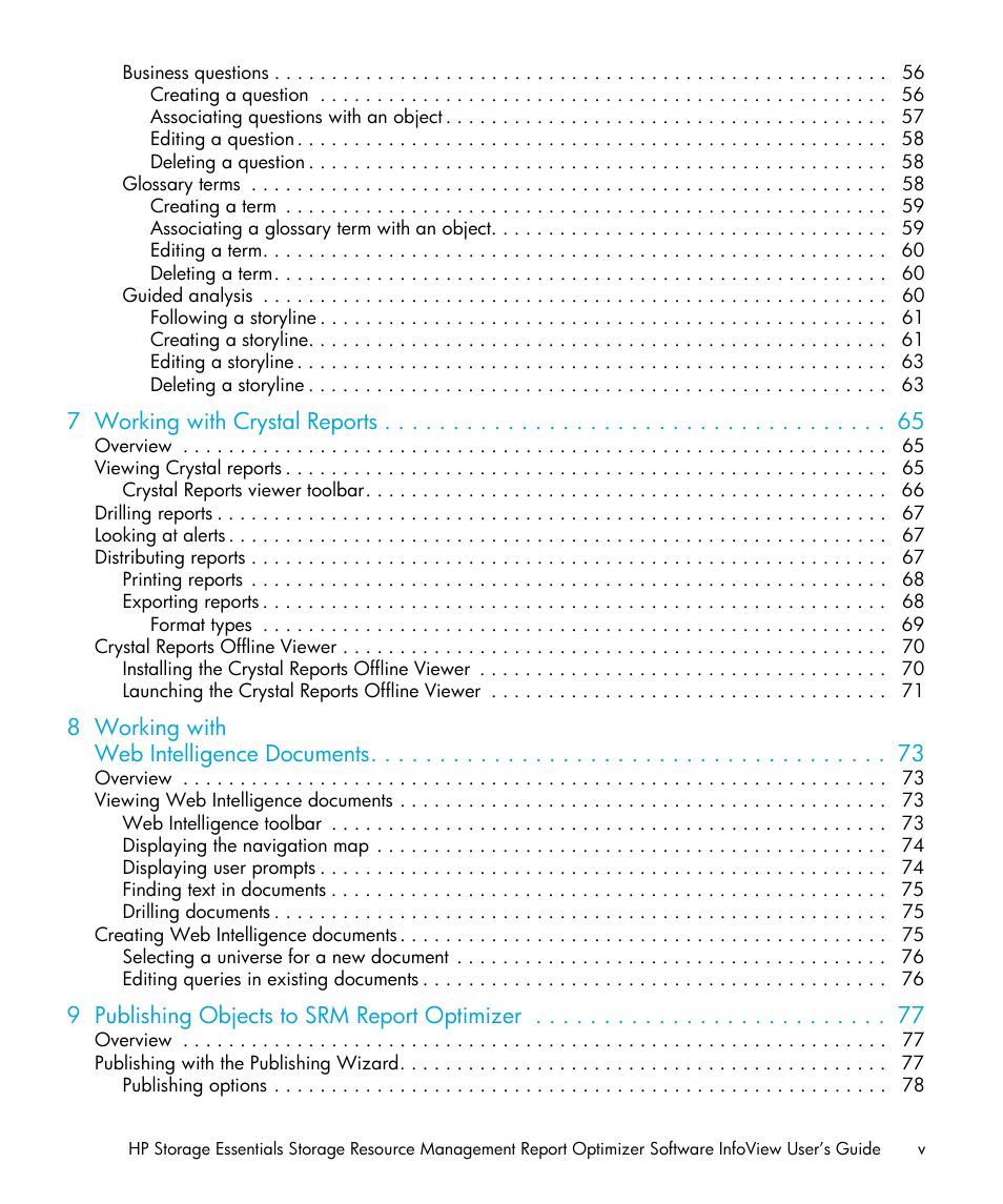 7 working with crystal reports, 8 working with web intelligence documents, 9 publishing objects to srm report optimizer | HP Storage Essentials Enterprise Edition Software User Manual | Page 5 / 96