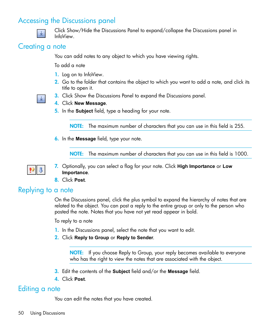 Accessing the discussions panel, Creating a note, Replying to a note | Editing a note | HP Storage Essentials Enterprise Edition Software User Manual | Page 52 / 96