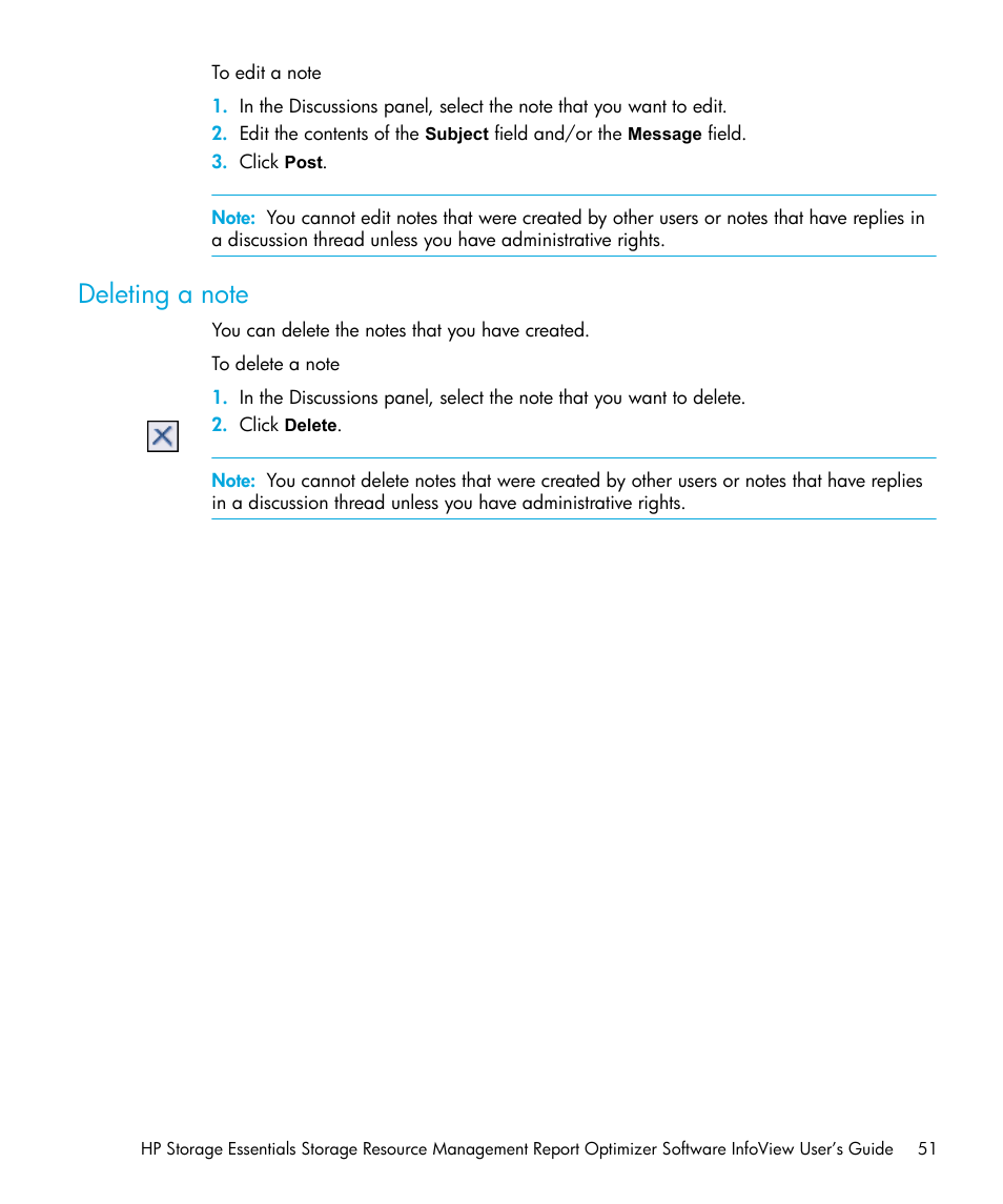 Deleting a note | HP Storage Essentials Enterprise Edition Software User Manual | Page 53 / 96