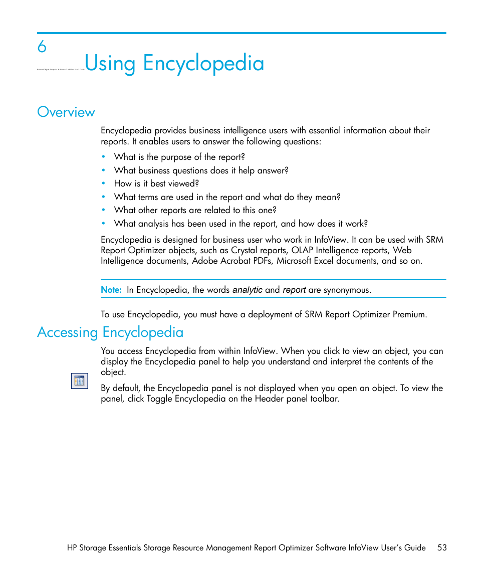 Using encyclopedia, Overview, Accessing encyclopedia | 6 using encyclopedia, Using, Encyclopedia | HP Storage Essentials Enterprise Edition Software User Manual | Page 55 / 96