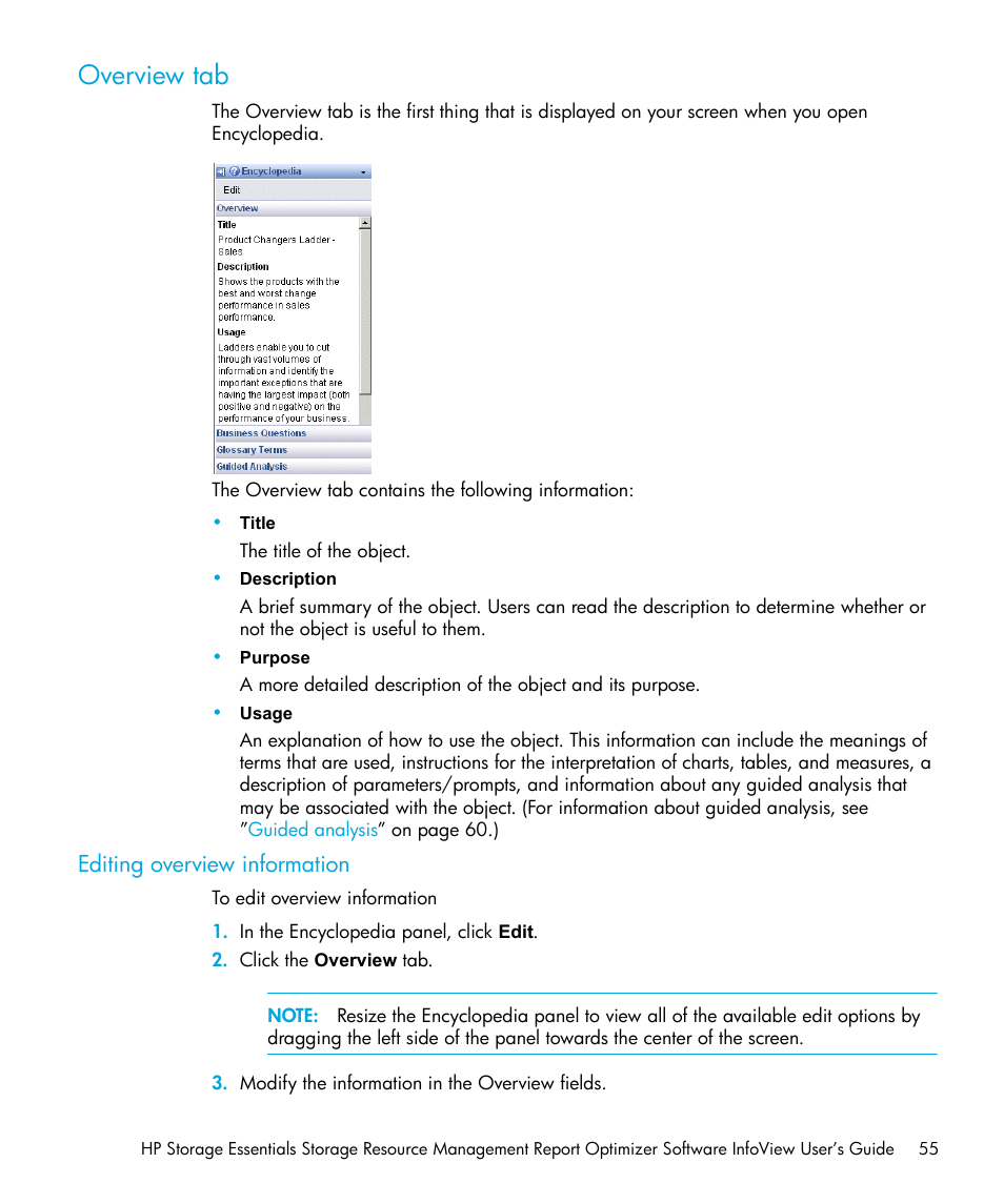 Overview tab, Editing overview information | HP Storage Essentials Enterprise Edition Software User Manual | Page 57 / 96