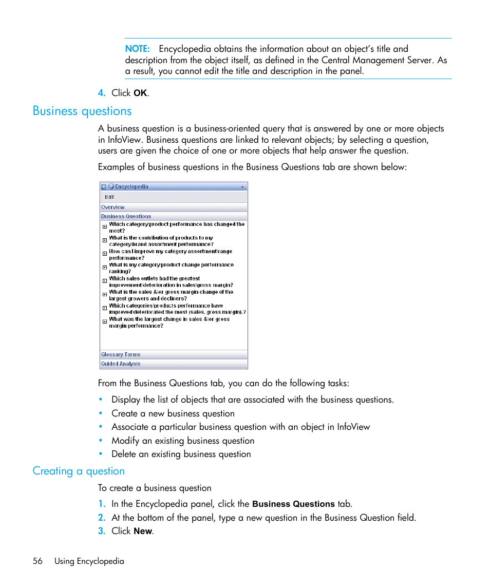 Business questions, Creating a question | HP Storage Essentials Enterprise Edition Software User Manual | Page 58 / 96