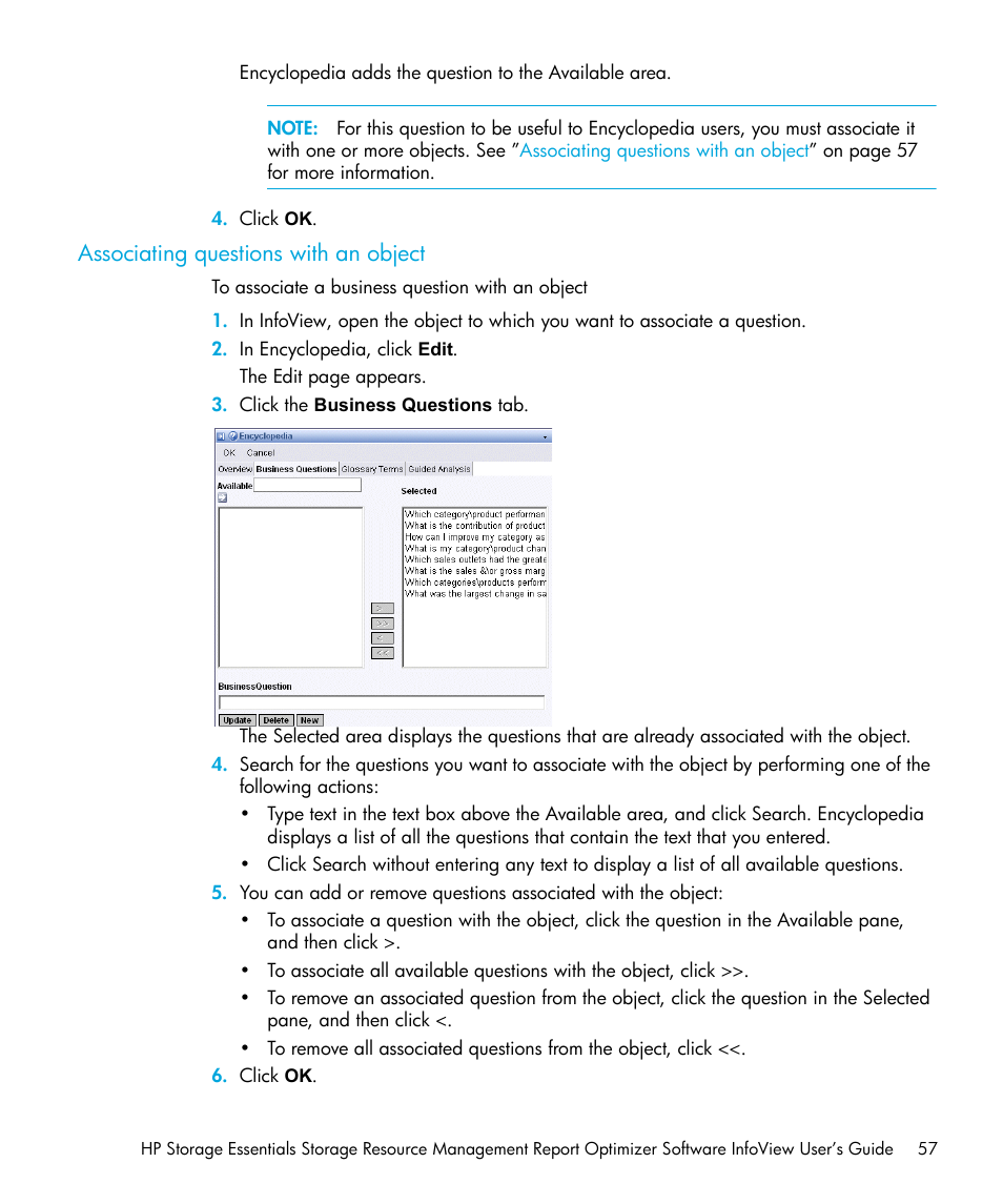 Associating questions with an object | HP Storage Essentials Enterprise Edition Software User Manual | Page 59 / 96