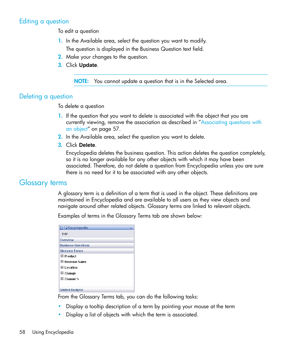 Editing a question, Deleting a question, Glossary terms | HP Storage Essentials Enterprise Edition Software User Manual | Page 60 / 96