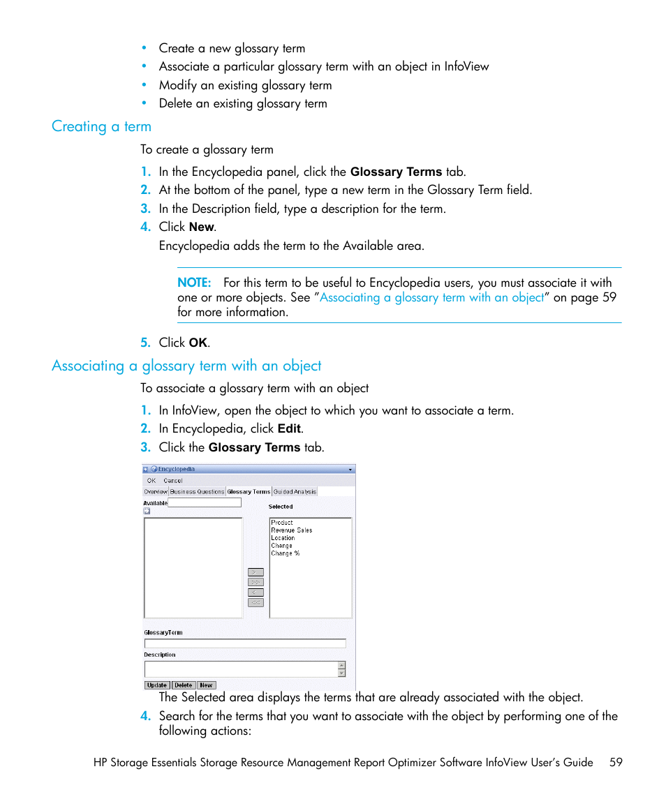 Creating a term, Associating a glossary term with an object | HP Storage Essentials Enterprise Edition Software User Manual | Page 61 / 96