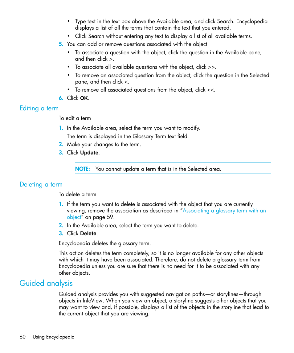 Editing a term, Deleting a term, Guided analysis | HP Storage Essentials Enterprise Edition Software User Manual | Page 62 / 96