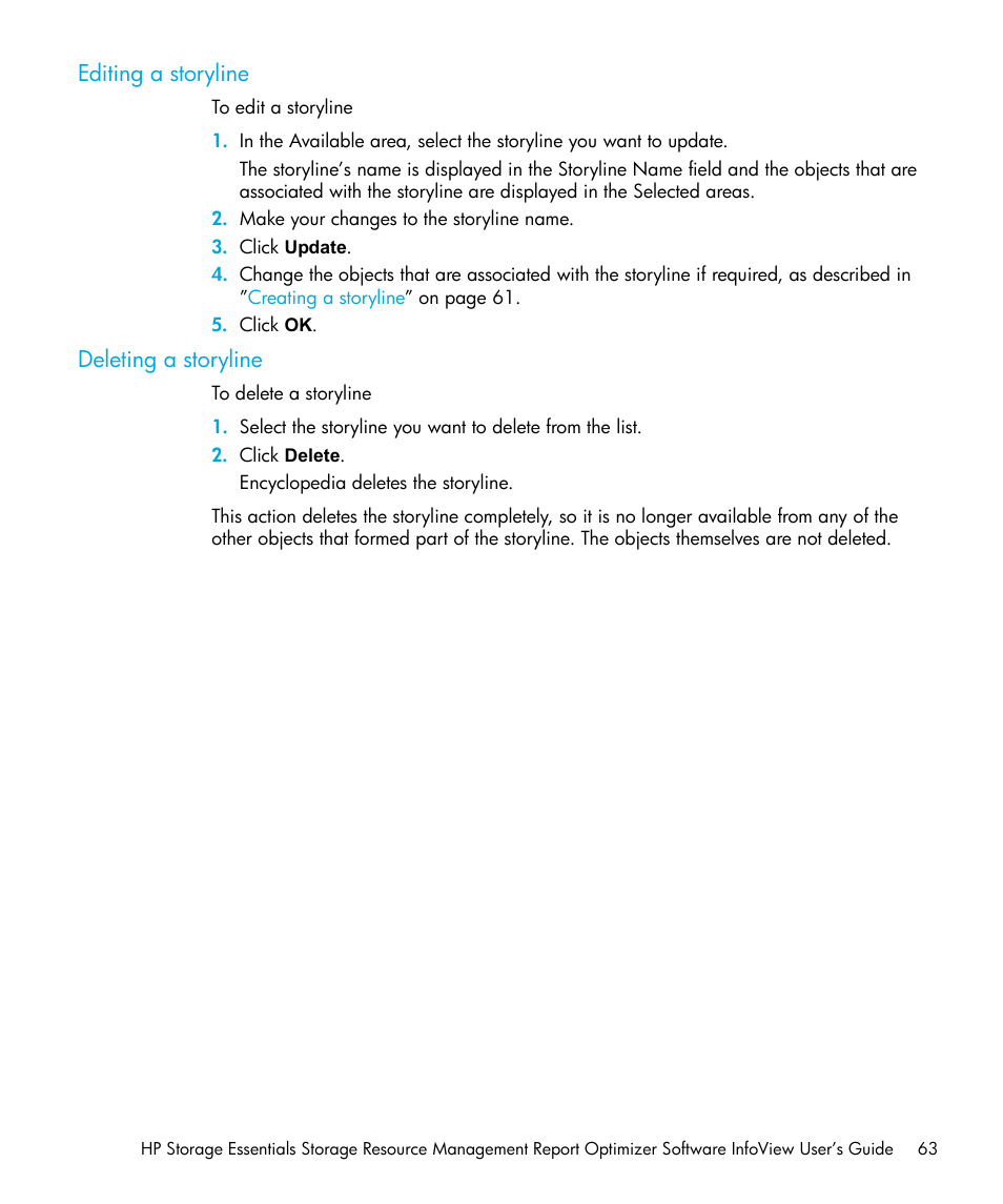 Editing a storyline, Deleting a storyline | HP Storage Essentials Enterprise Edition Software User Manual | Page 65 / 96