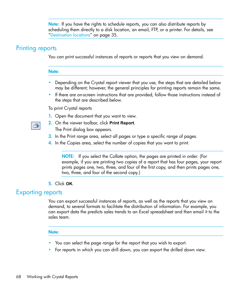 Printing reports, Exporting reports | HP Storage Essentials Enterprise Edition Software User Manual | Page 70 / 96