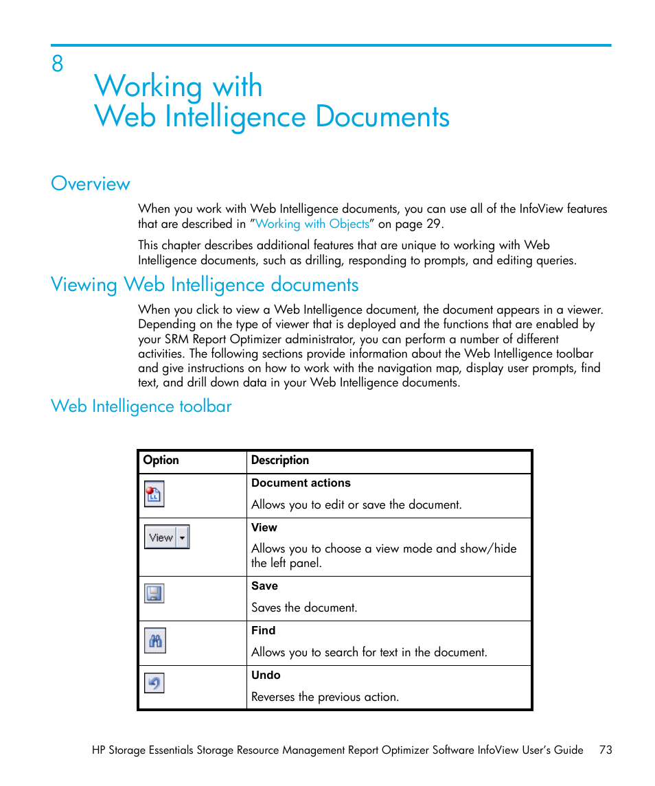 Working with web intelligence documents, Overview, Viewing web intelligence documents | Web intelligence toolbar, 8 working with, Web intelligence documents | HP Storage Essentials Enterprise Edition Software User Manual | Page 75 / 96