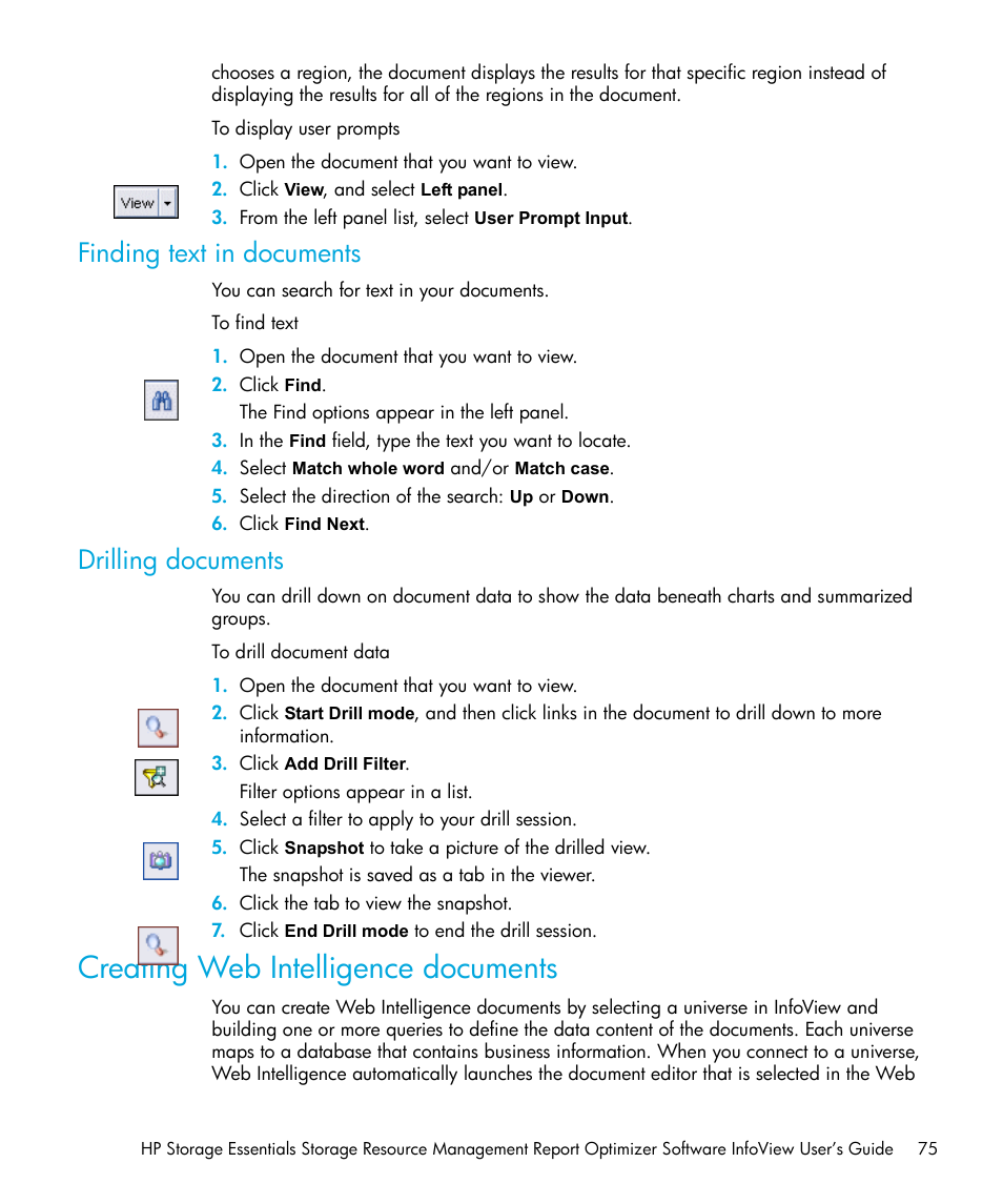 Finding text in documents, Drilling documents, Creating web intelligence documents | HP Storage Essentials Enterprise Edition Software User Manual | Page 77 / 96