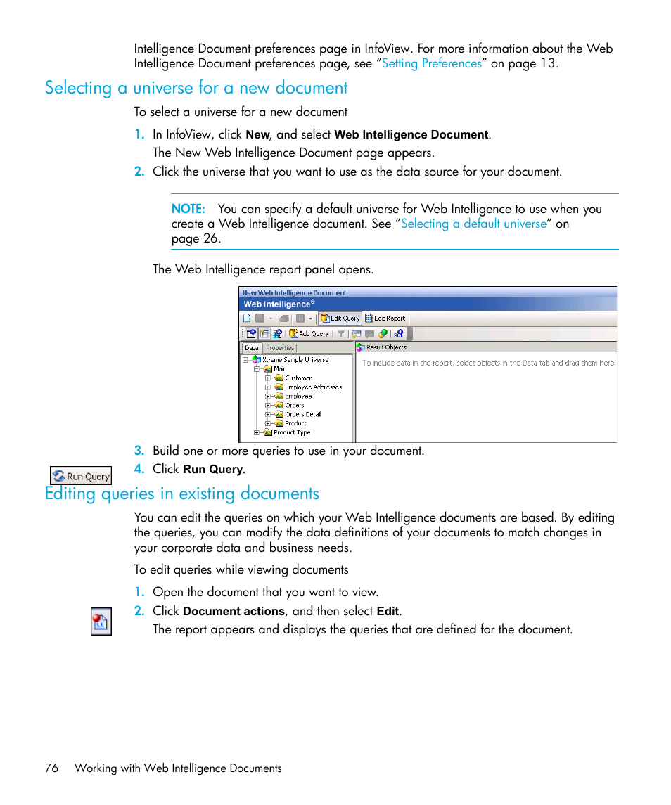 Selecting a universe for a new document, Editing queries in existing documents | HP Storage Essentials Enterprise Edition Software User Manual | Page 78 / 96