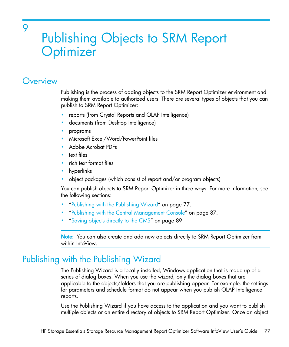 Publishing objects to srm report optimizer, Overview, Publishing with the publishing wizard | 9 publishing objects to srm report optimizer, Publishing, Objects to srm report optimizer | HP Storage Essentials Enterprise Edition Software User Manual | Page 79 / 96