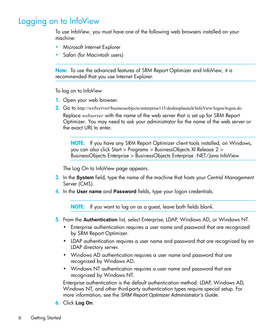 Logging on to infoview | HP Storage Essentials Enterprise Edition Software User Manual | Page 8 / 96