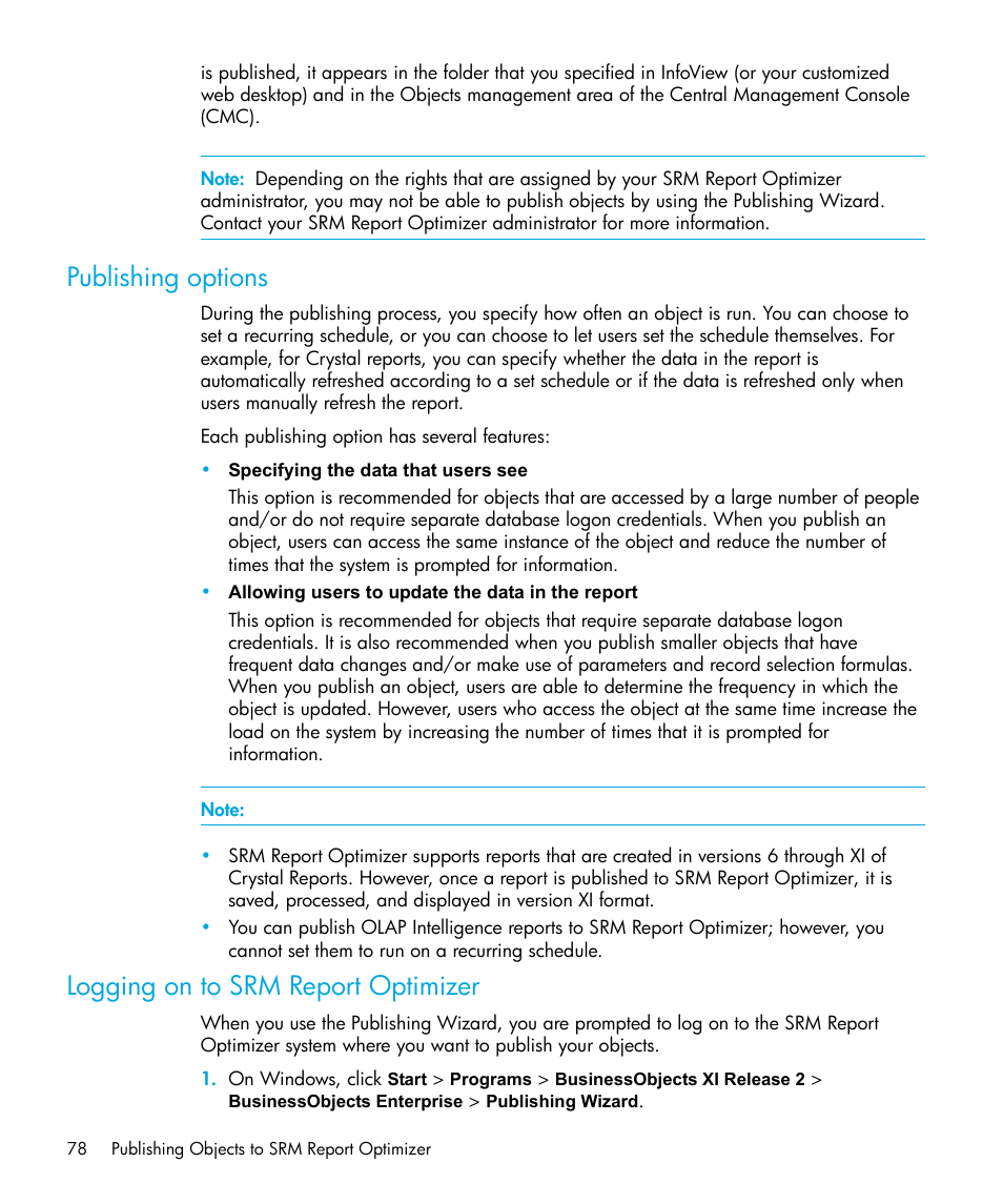 Publishing options, Logging on to srm report optimizer | HP Storage Essentials Enterprise Edition Software User Manual | Page 80 / 96