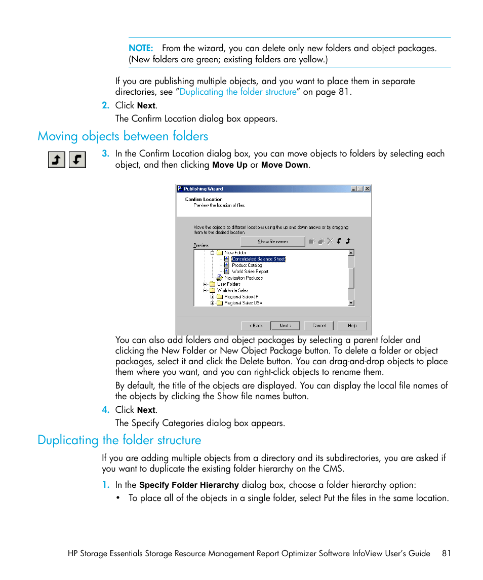 Moving objects between folders, Duplicating the folder structure | HP Storage Essentials Enterprise Edition Software User Manual | Page 83 / 96