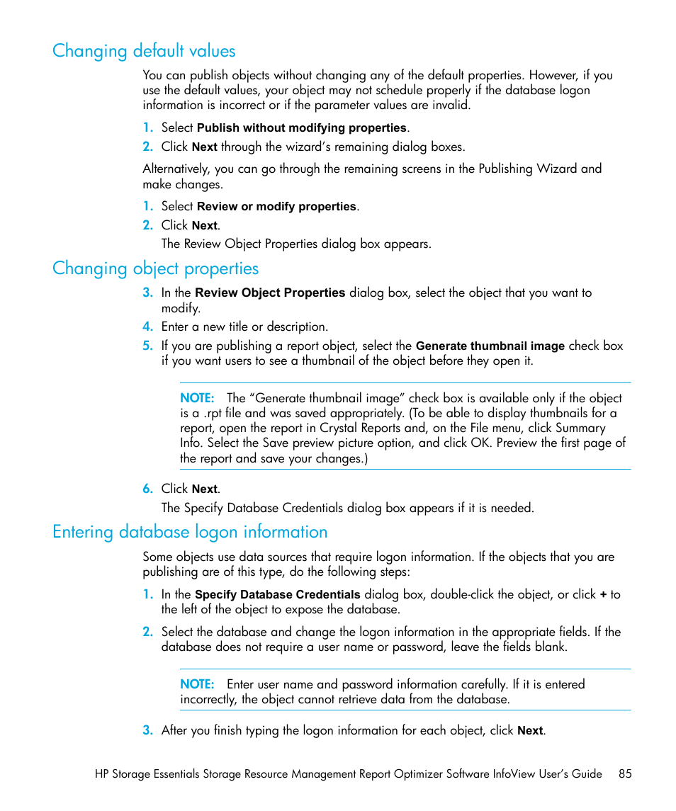 Changing default values, Changing object properties, Entering database logon information | HP Storage Essentials Enterprise Edition Software User Manual | Page 87 / 96