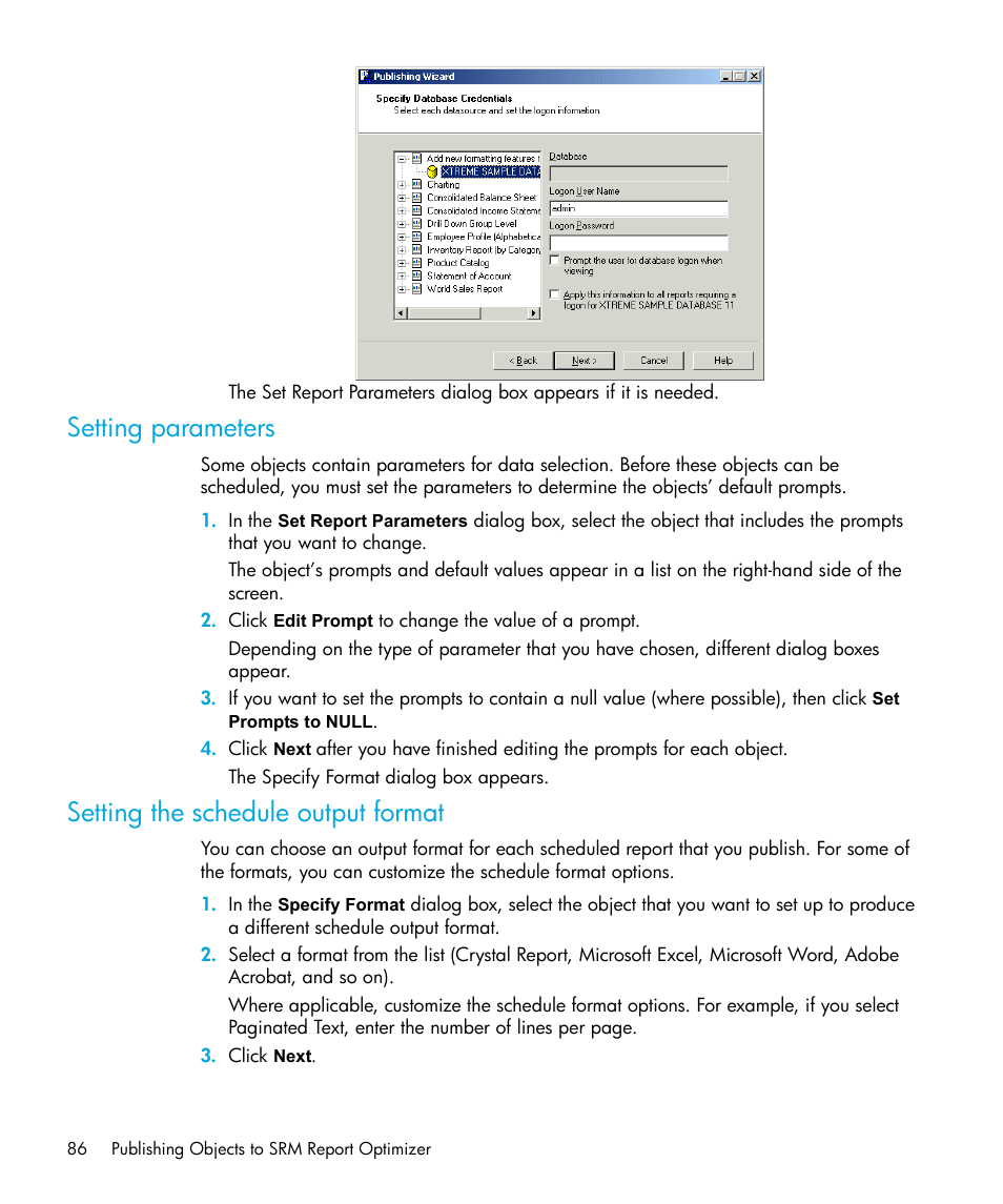 Setting parameters, Setting the schedule output format | HP Storage Essentials Enterprise Edition Software User Manual | Page 88 / 96