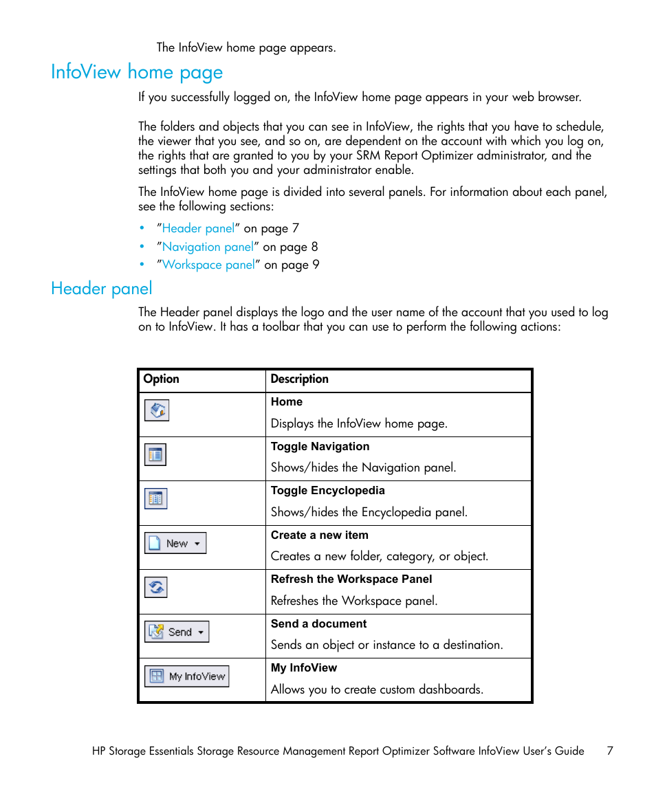 Header panel, Infoview home page | HP Storage Essentials Enterprise Edition Software User Manual | Page 9 / 96