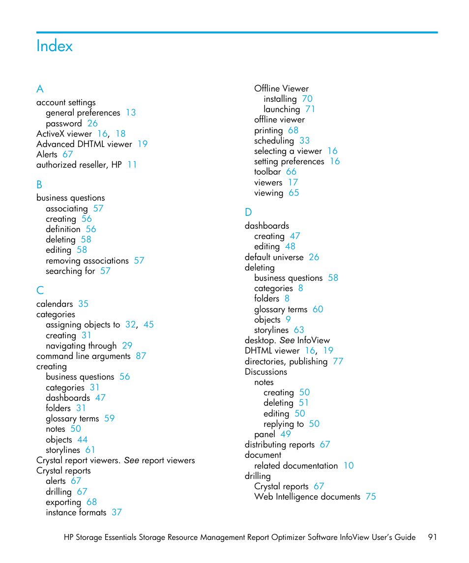 Index | HP Storage Essentials Enterprise Edition Software User Manual | Page 93 / 96