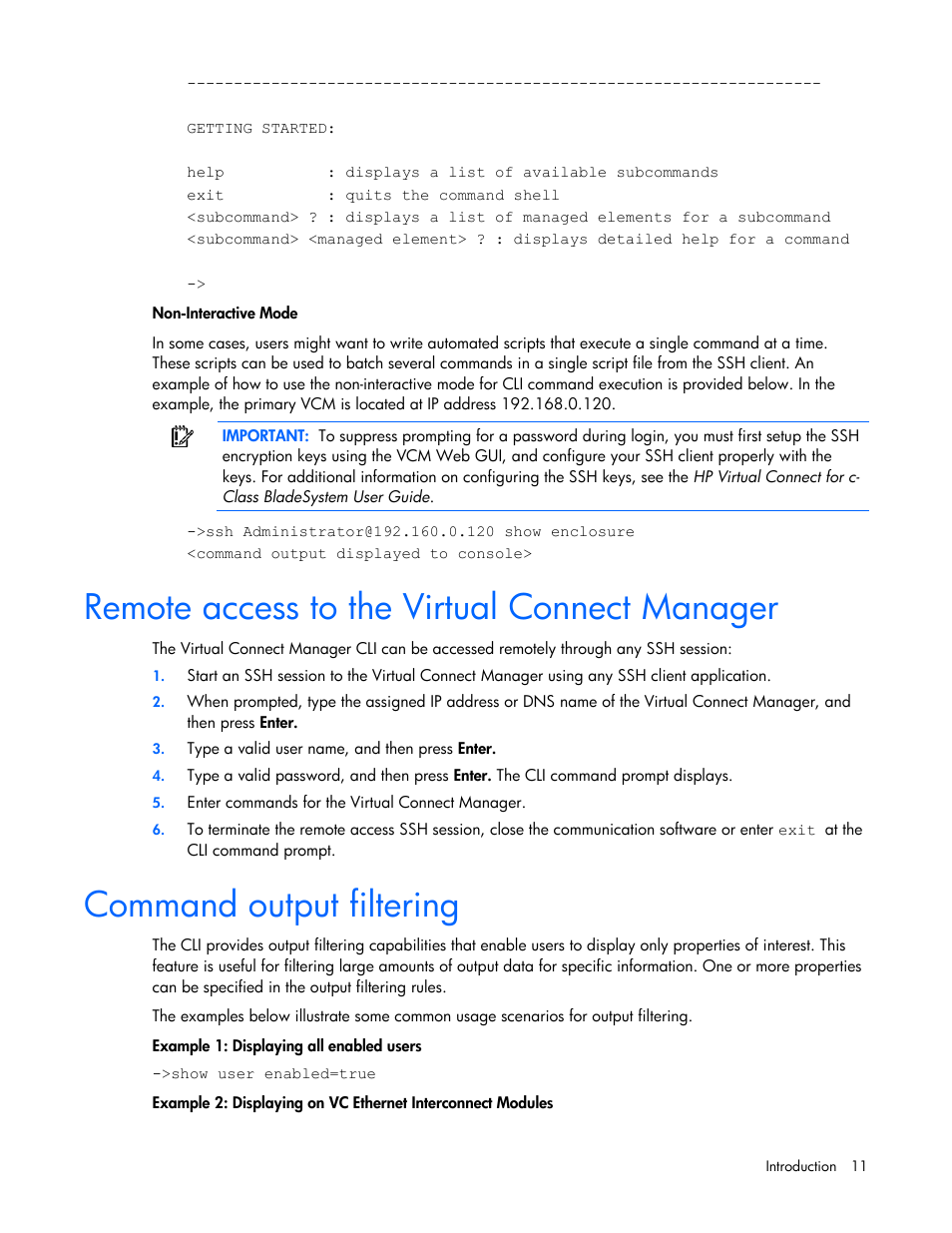 Remote access to the virtual connect manager, Command output filtering | HP Virtual Connect 1.10Gb-F Ethernet Module for c-Class BladeSystem User Manual | Page 11 / 95