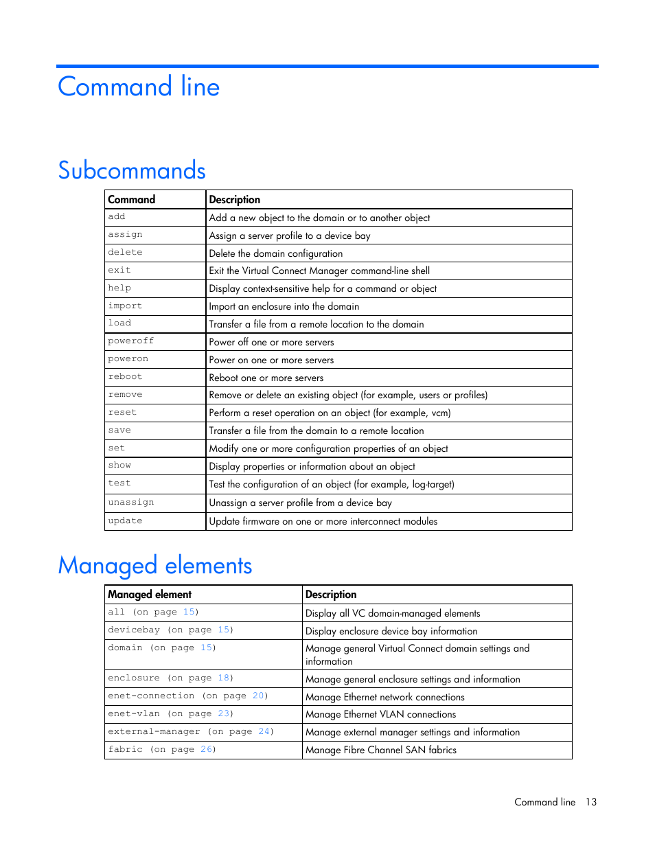 Command line, Subcommands, Managed elements | HP Virtual Connect 1.10Gb-F Ethernet Module for c-Class BladeSystem User Manual | Page 13 / 95