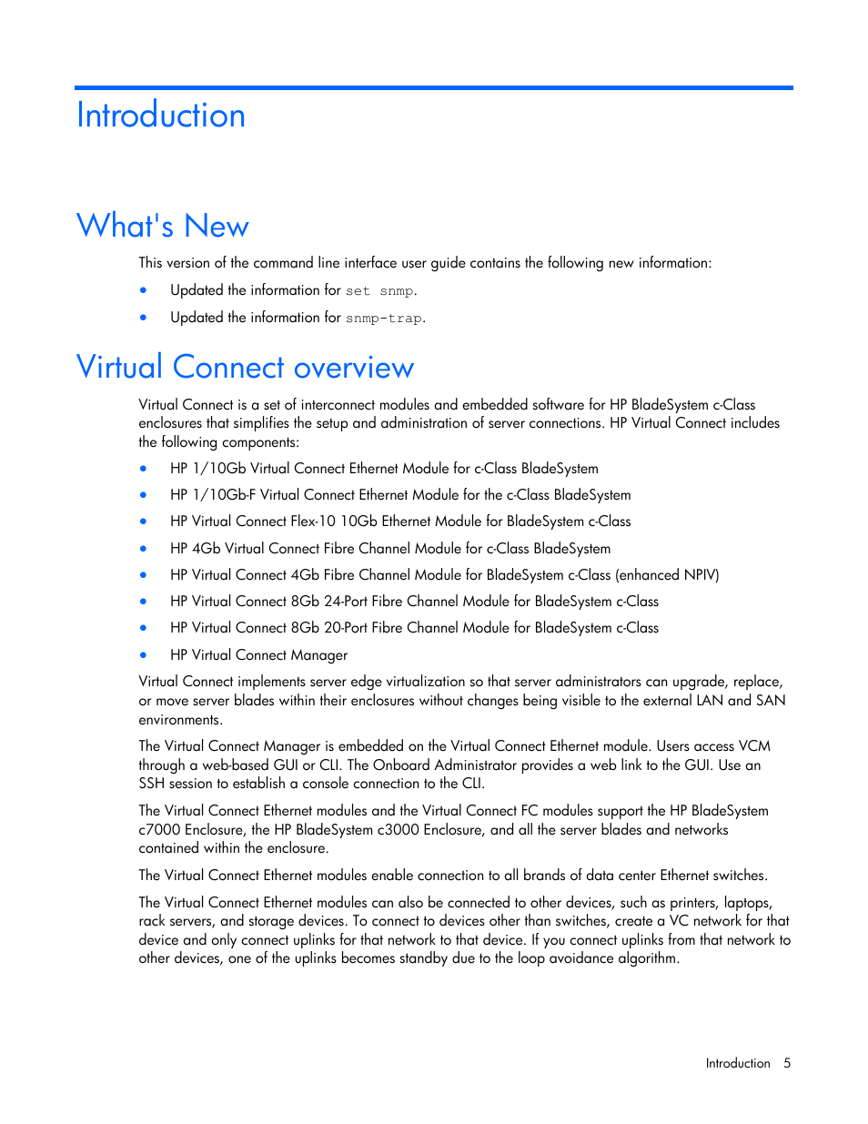 Introduction, What's new, Virtual connect overview | HP Virtual Connect 1.10Gb-F Ethernet Module for c-Class BladeSystem User Manual | Page 5 / 95