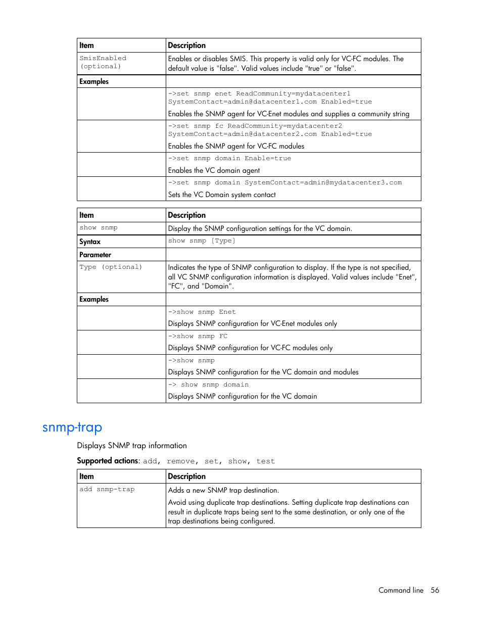 Snmp-trap | HP Virtual Connect 1.10Gb-F Ethernet Module for c-Class BladeSystem User Manual | Page 56 / 95