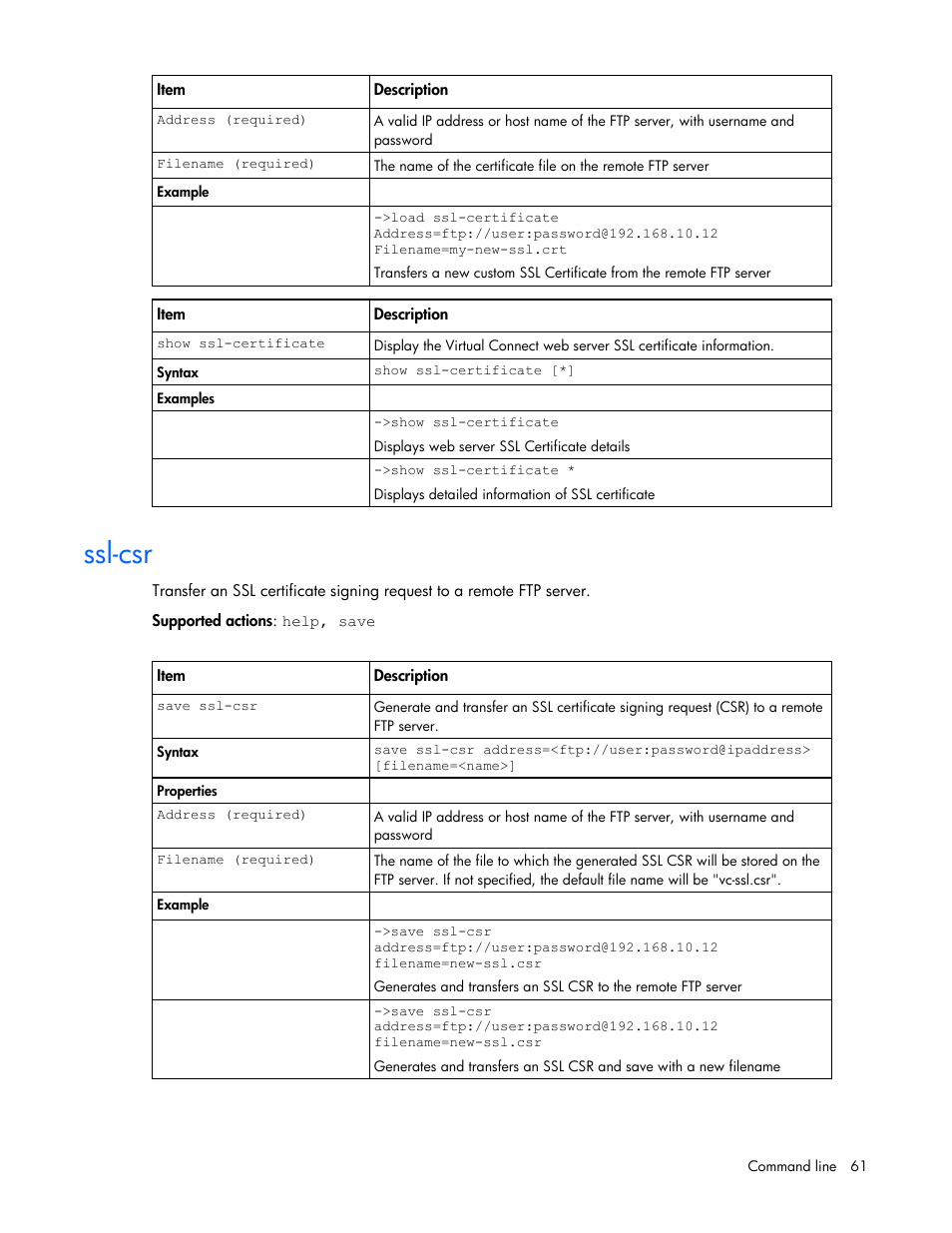 Ssl-csr | HP Virtual Connect 1.10Gb-F Ethernet Module for c-Class BladeSystem User Manual | Page 61 / 95