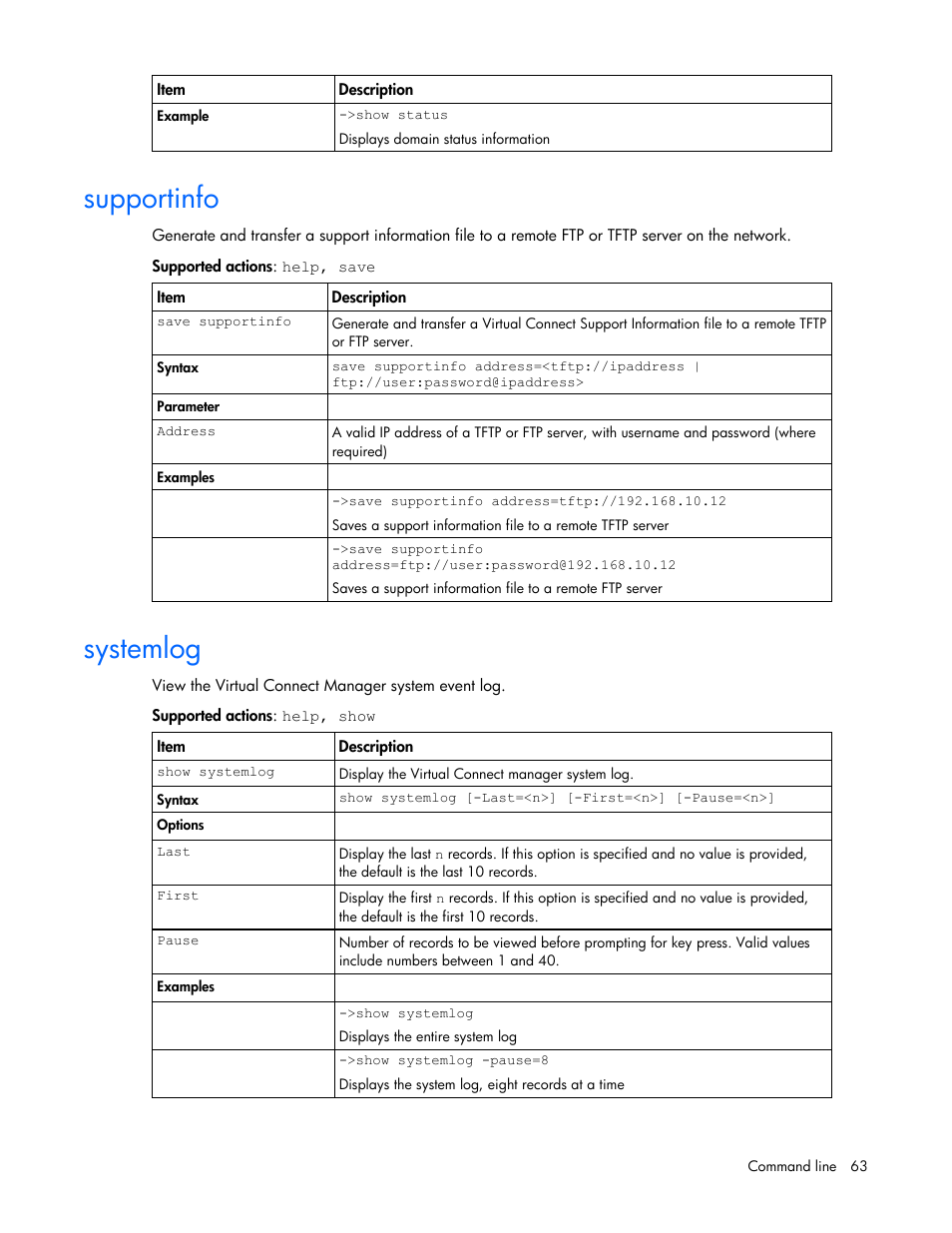 Supportinfo, Systemlog | HP Virtual Connect 1.10Gb-F Ethernet Module for c-Class BladeSystem User Manual | Page 63 / 95