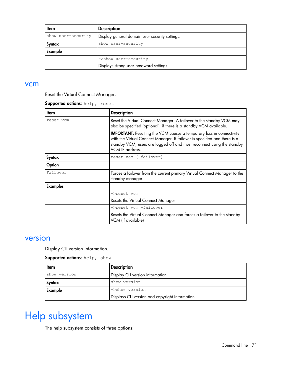 Version, Help subsystem | HP Virtual Connect 1.10Gb-F Ethernet Module for c-Class BladeSystem User Manual | Page 71 / 95