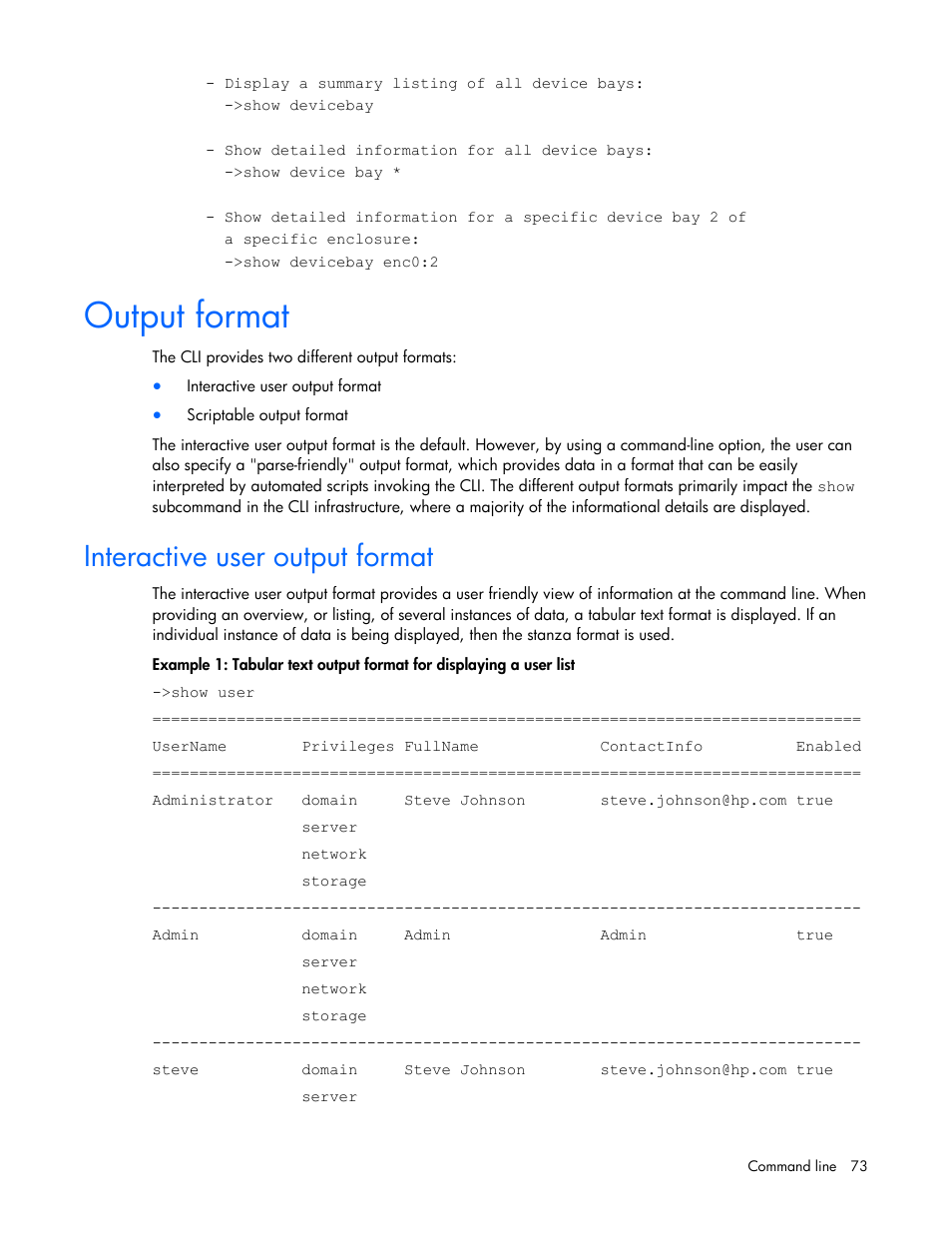 Output format, Interactive user output format | HP Virtual Connect 1.10Gb-F Ethernet Module for c-Class BladeSystem User Manual | Page 73 / 95