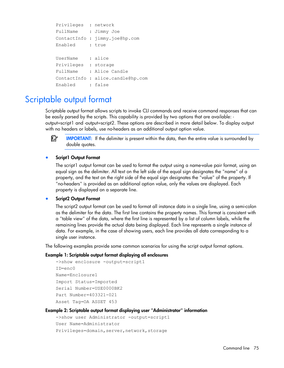 Scriptable output format | HP Virtual Connect 1.10Gb-F Ethernet Module for c-Class BladeSystem User Manual | Page 75 / 95