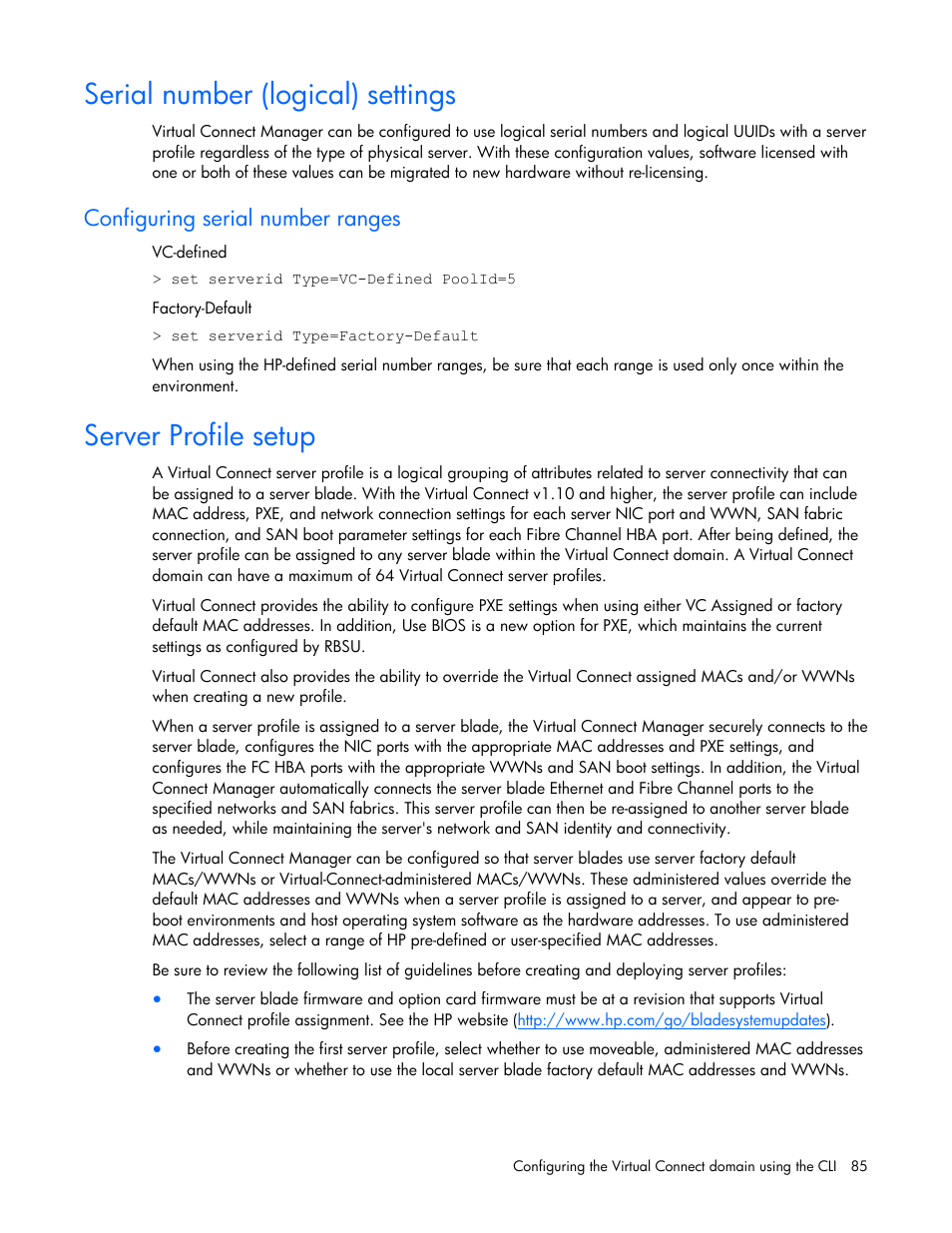 Serial number (logical) settings, Configuring serial number ranges, Server profile setup | HP Virtual Connect 1.10Gb-F Ethernet Module for c-Class BladeSystem User Manual | Page 85 / 95