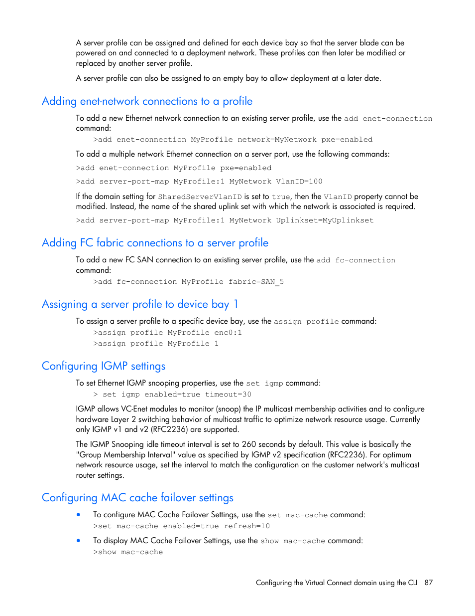 Adding enet-network connections to a profile, Adding fc fabric connections to a server profile, Assigning a server profile to device bay 1 | Configuring igmp settings, Configuring mac cache failover settings | HP Virtual Connect 1.10Gb-F Ethernet Module for c-Class BladeSystem User Manual | Page 87 / 95
