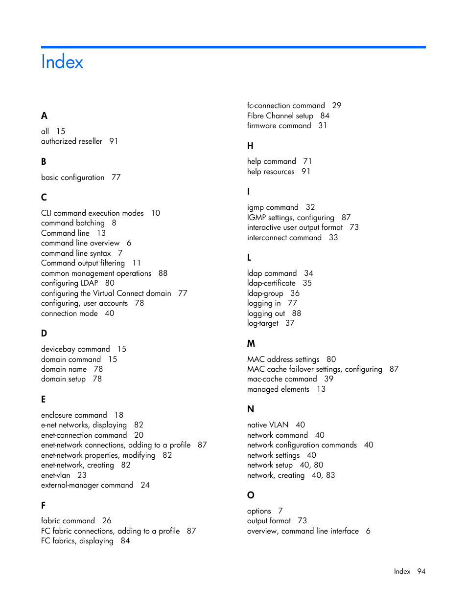 Index | HP Virtual Connect 1.10Gb-F Ethernet Module for c-Class BladeSystem User Manual | Page 94 / 95