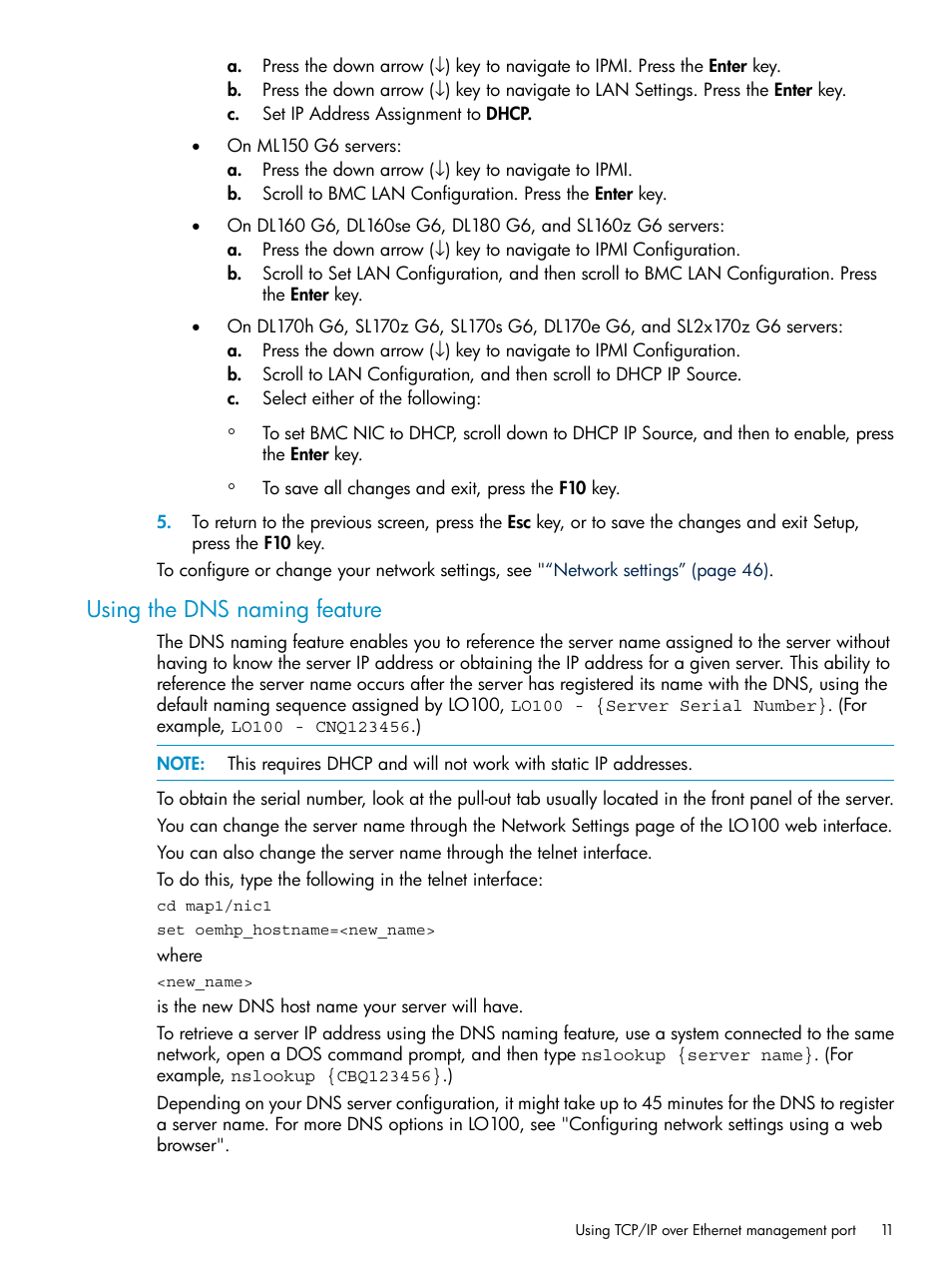Using the dns naming feature | HP Lights-Out 100 Remote Management User Manual | Page 11 / 60
