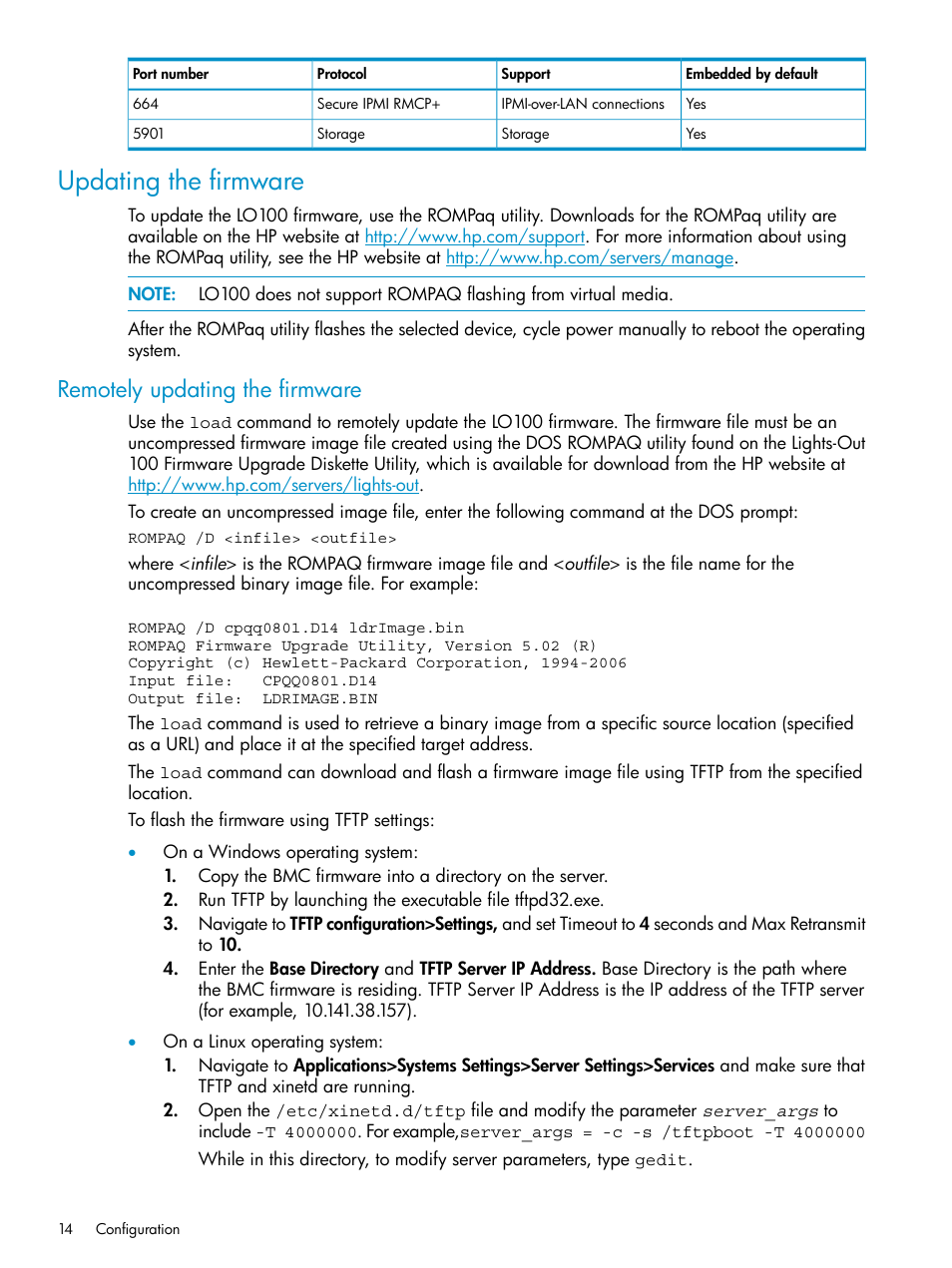 Updating the firmware, Remotely updating the firmware | HP Lights-Out 100 Remote Management User Manual | Page 14 / 60