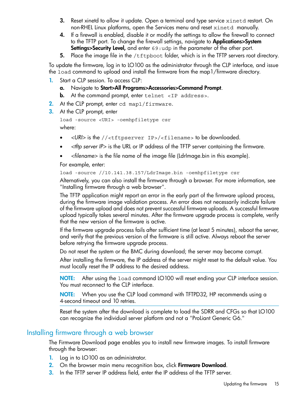 Installing firmware through a web browser | HP Lights-Out 100 Remote Management User Manual | Page 15 / 60