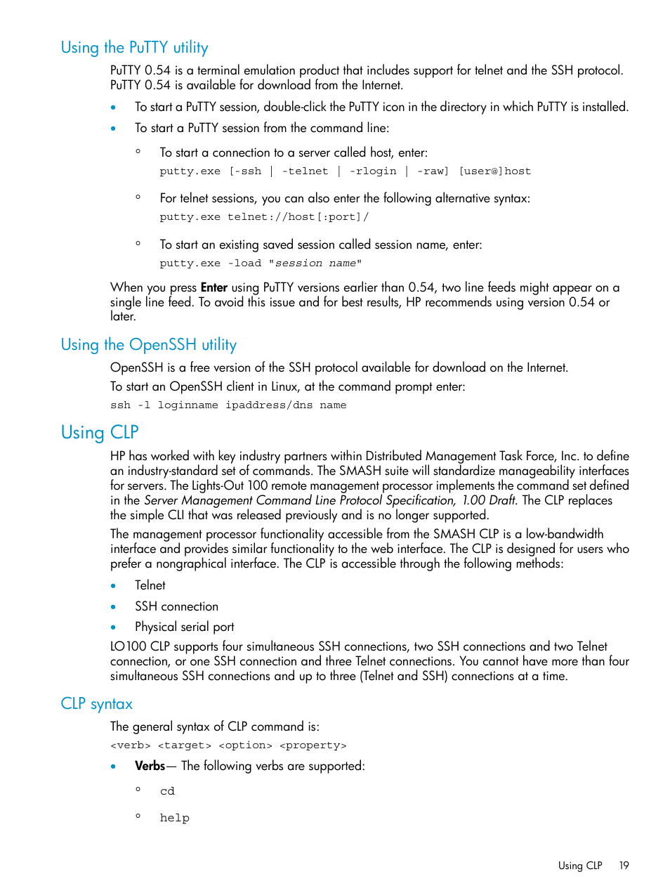 Using the putty utility, Using the openssh utility, Using clp | Clp syntax, Using the putty utility using the openssh utility | HP Lights-Out 100 Remote Management User Manual | Page 19 / 60